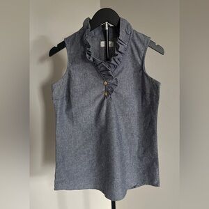 Mud Pie Chambray Wash Blue Sleeveless V-Neck Top with Gold Buttons Size Small